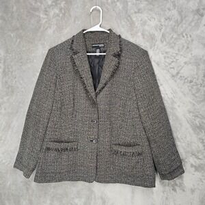 Norton Mcnaughton Woman Tweed Fringe Blazer Jacket 20W Gray Black Textured